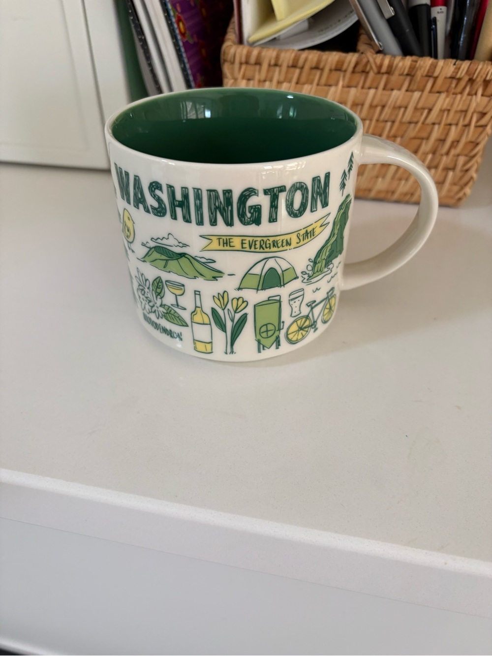 Starbucks Washington Ceramic Mug with Green Interior and Yellow Accents